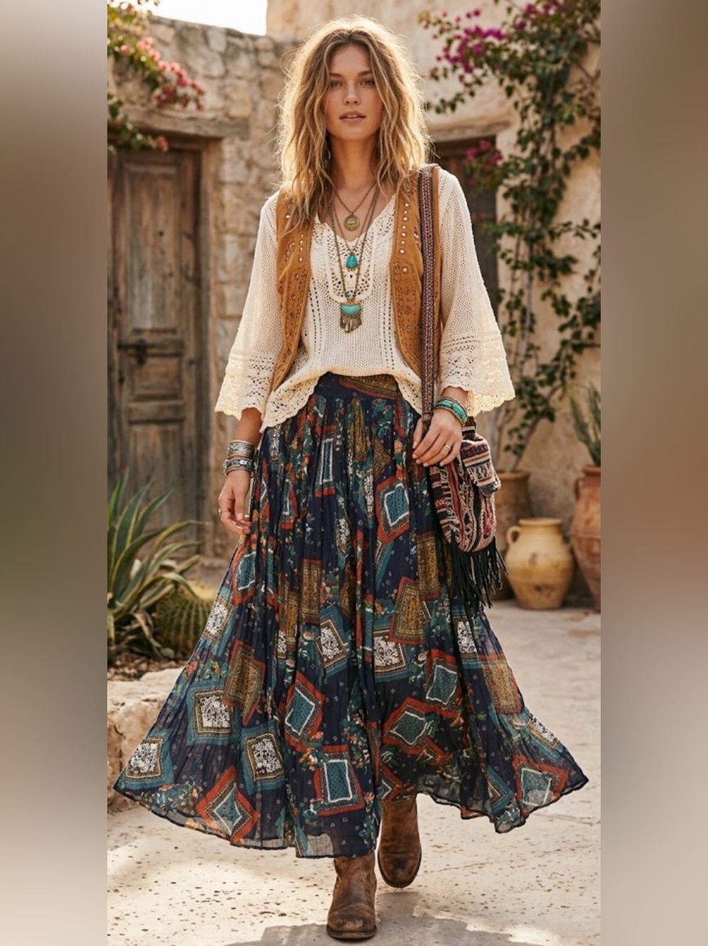 Vintage floral crinkle square Printed Maxi Skirt Multicolor boho fall gypsy